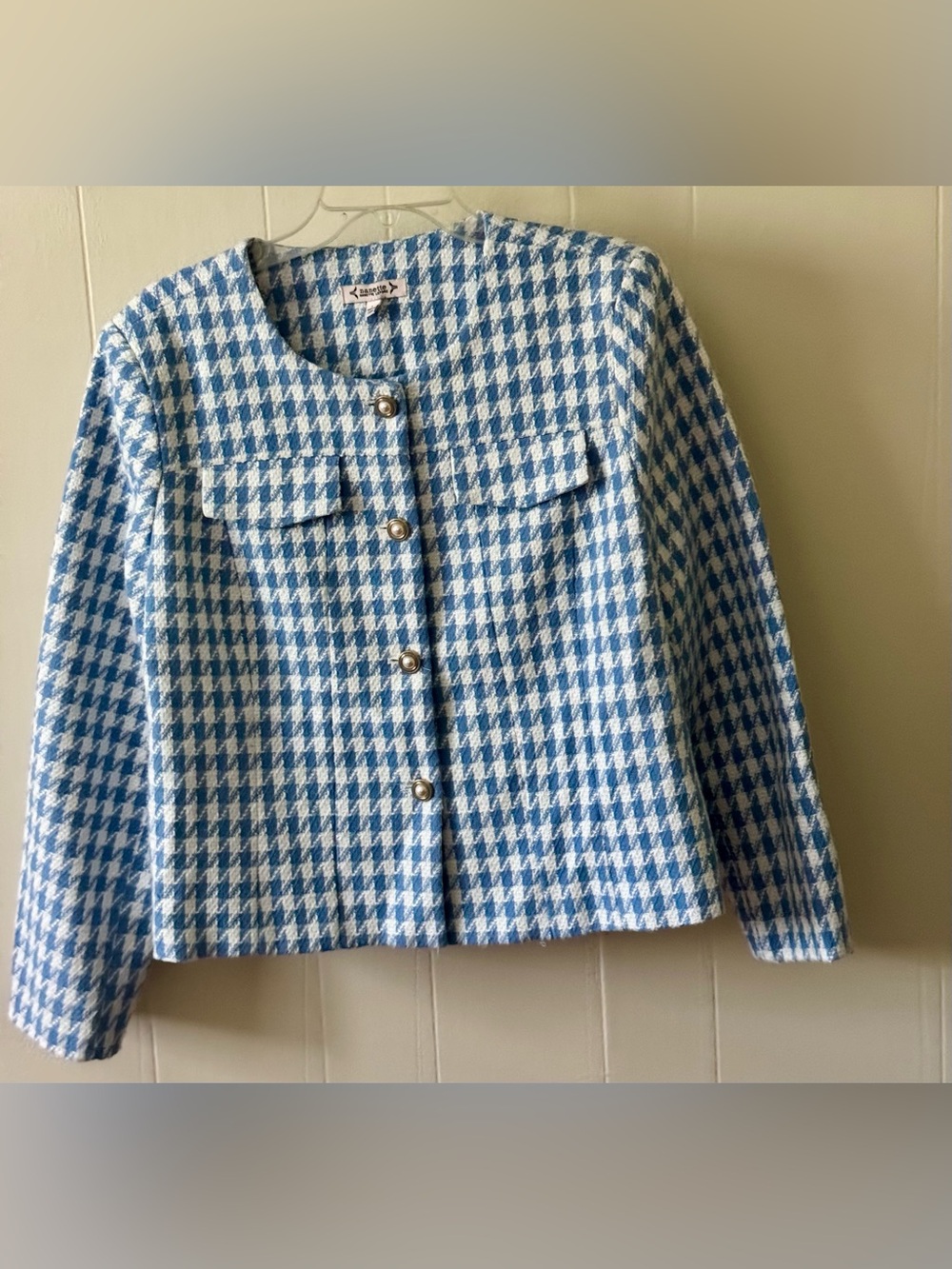 Nanette Lepore Blue & White Houndstooth Collarless Blazer